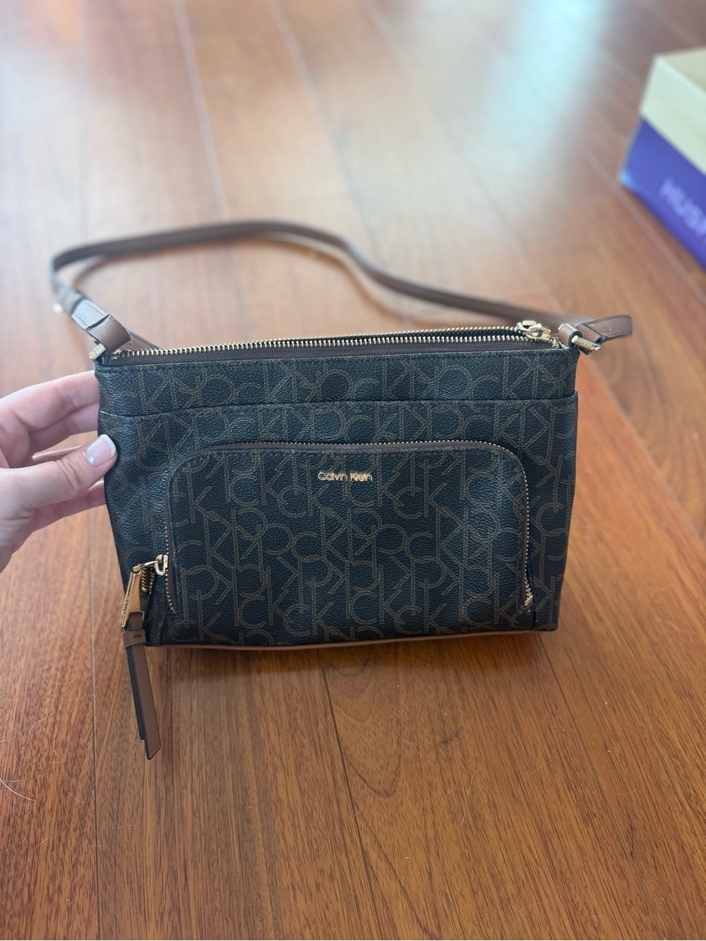 Calvin Klein Dark Brown Monogram Crossbody Bag with Gold Hardware